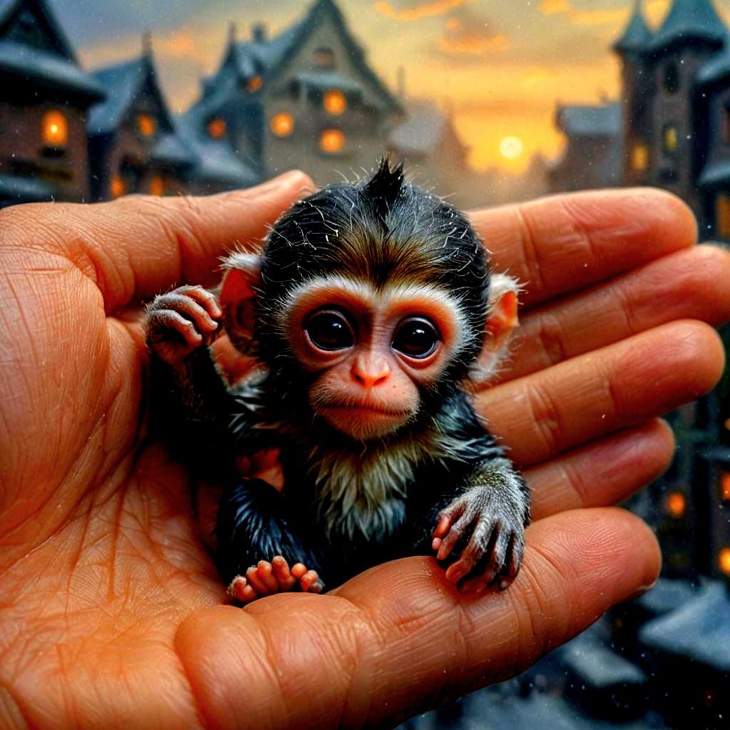 Adorable Finger Monkey on Hand: Hyperrealistic Image