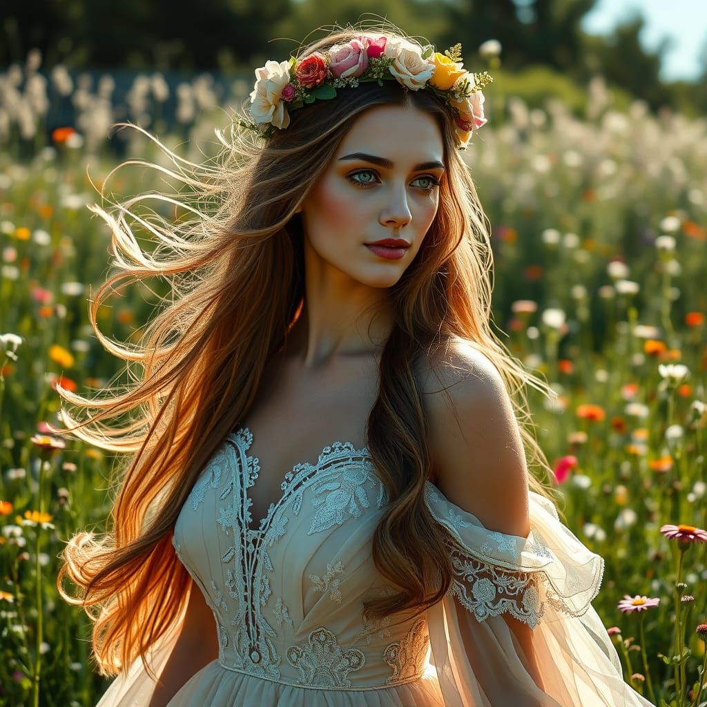 Woman with Floral Crown in Sun-Drenched Meadow