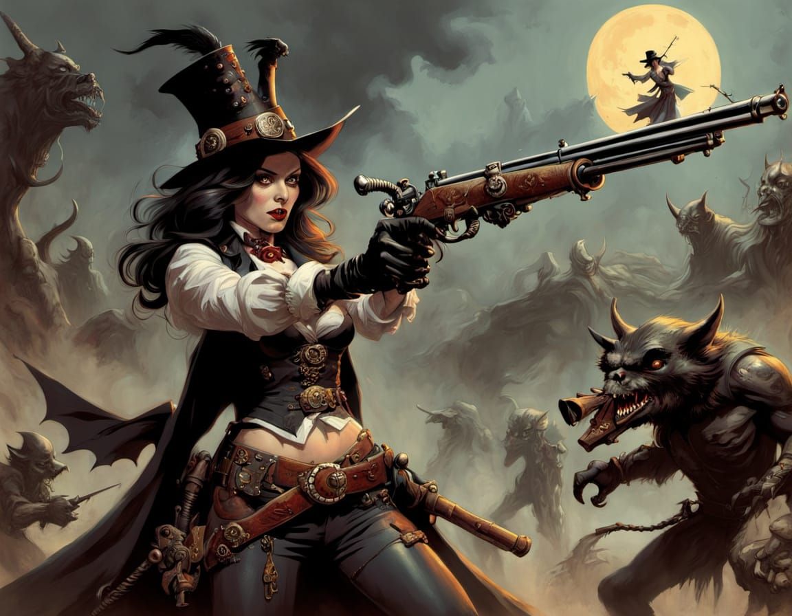 Female Vampire Hunter Fires Flintlock at Demon