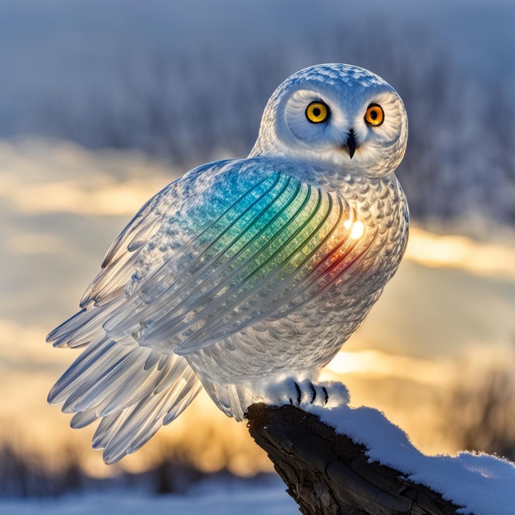 Rainbow Glass Snowy Owl Twinkling in Sunlight