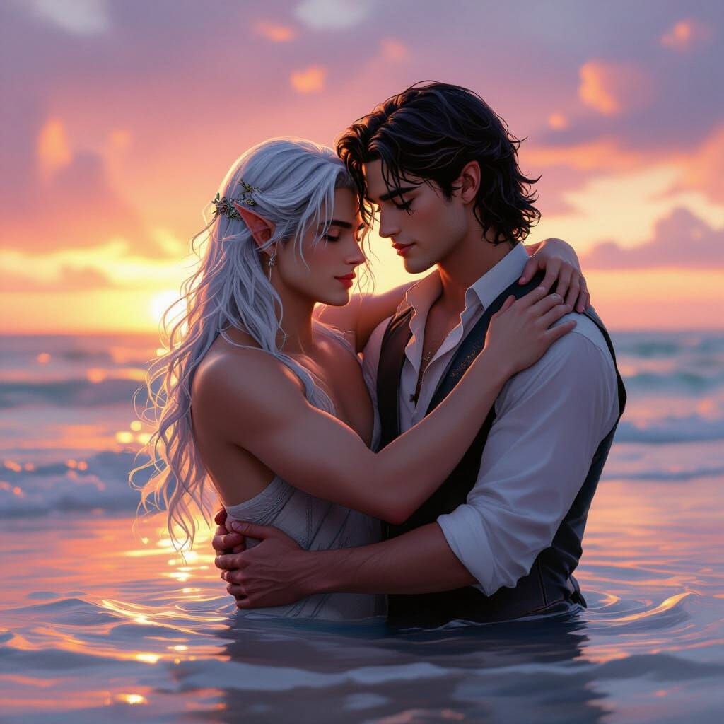 Merman and Boy Embrace on Beach at Sunset