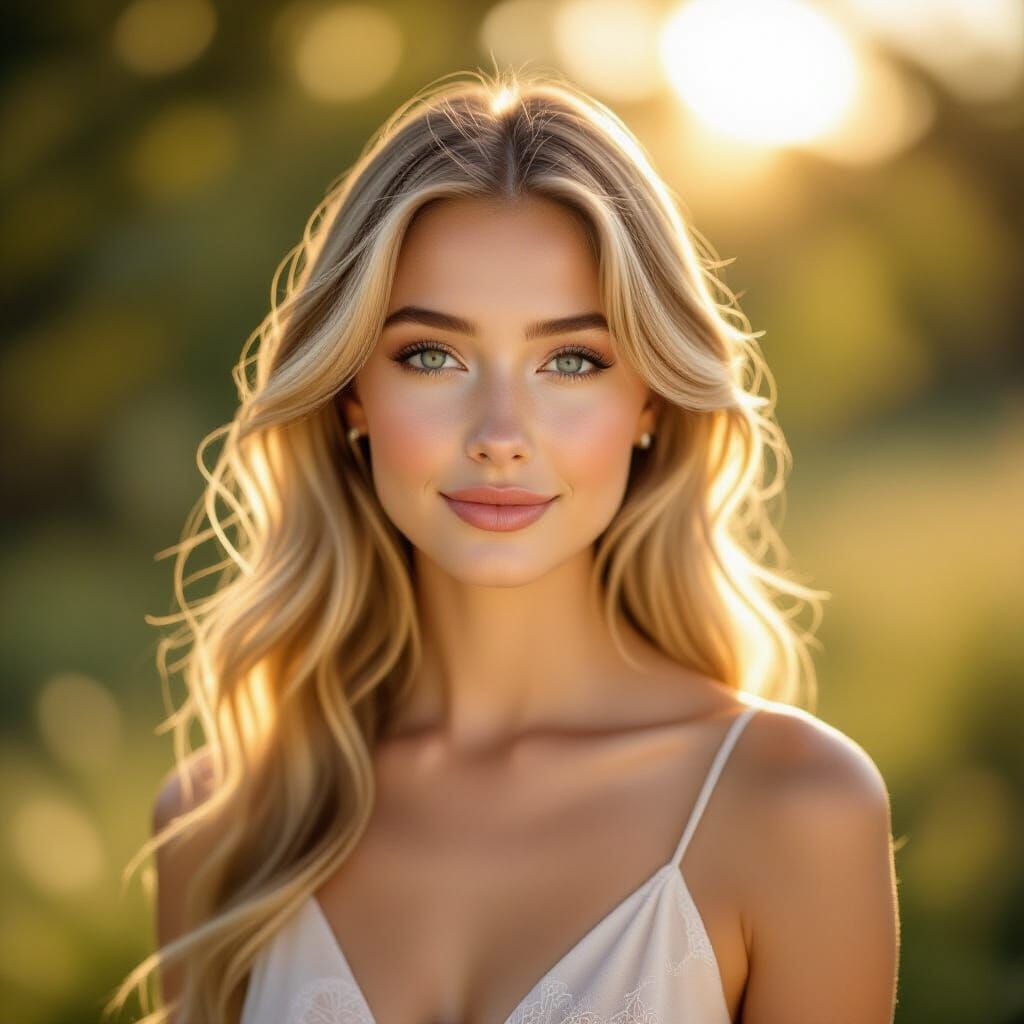 Ethereal Portrait of a Serene Young Woman in Golden Sunlight