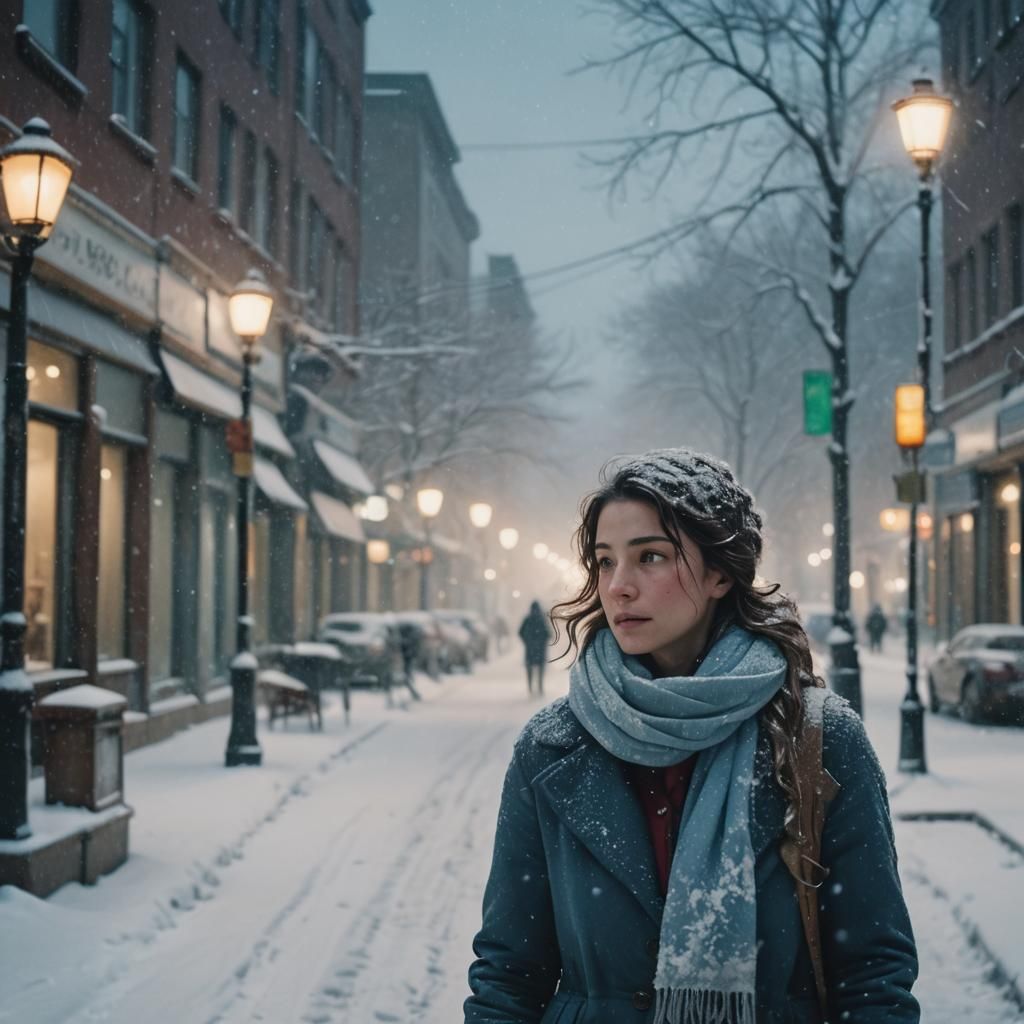 Woman in Snowy Cityscape: Cinematic Film Still