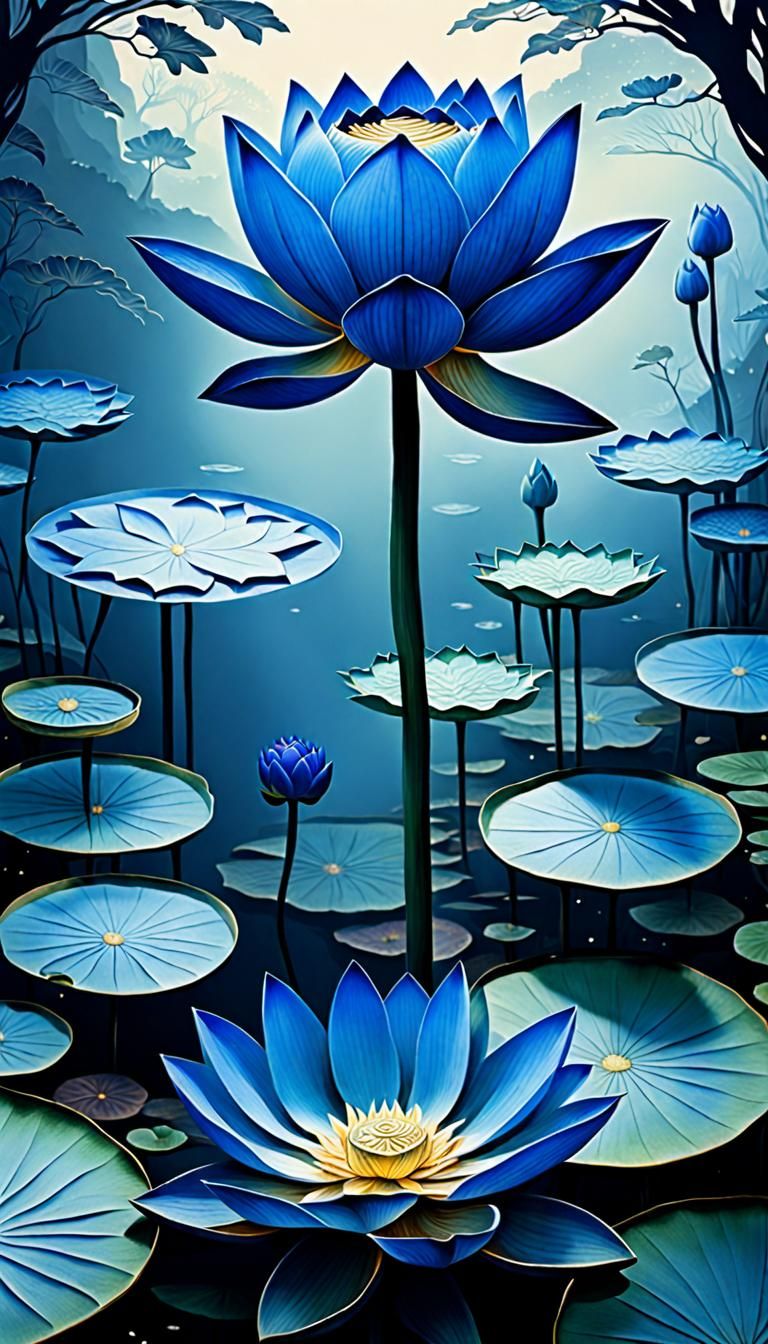 Blue Lotus Plant with Human Face in Herbology Art