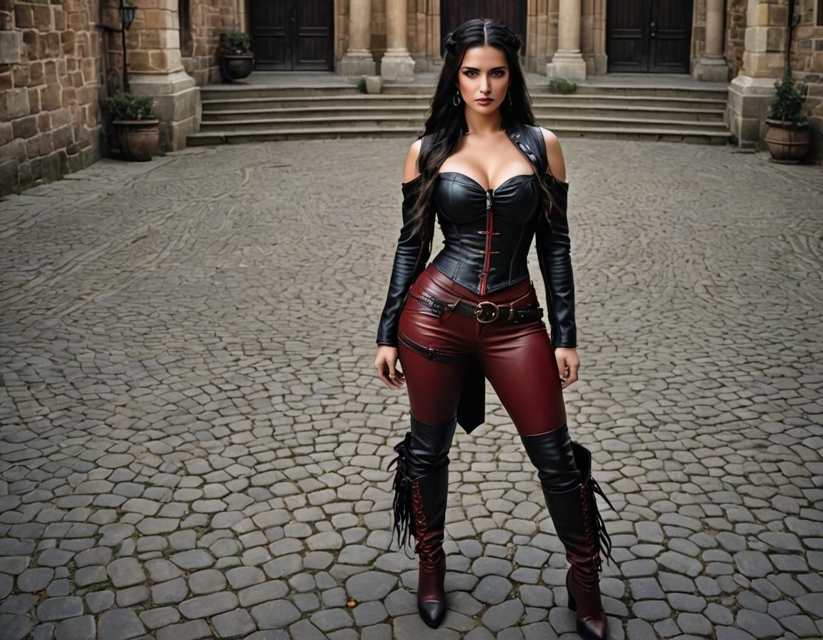 Fantasy Portrait: Dark-Haired Warrior in Castle Courtyard