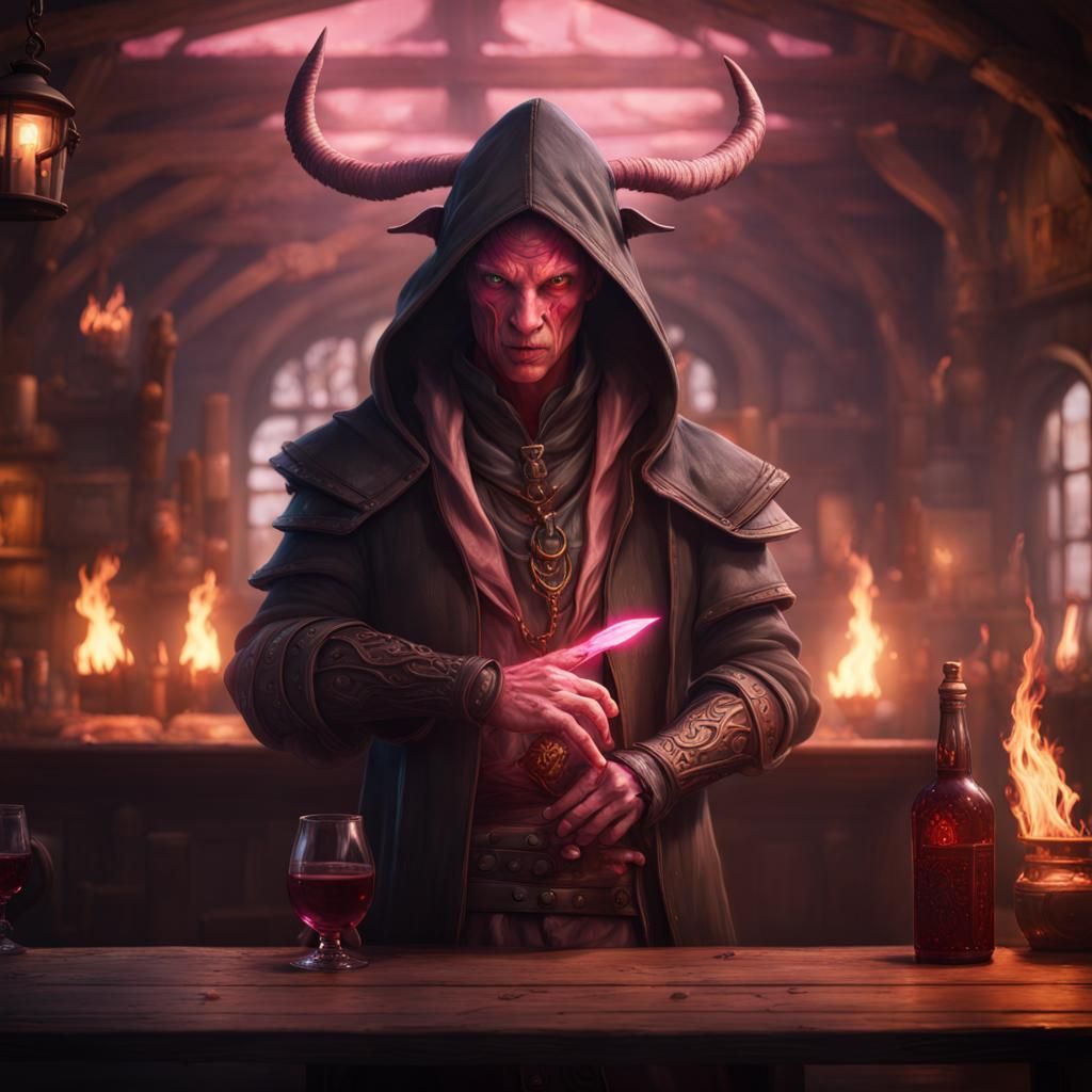 Hooded Pink Figure with Fire in Tavern