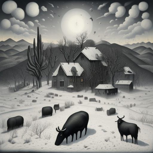 Surreal Post-Apocalyptic Winter Landscape in Pointillist Sty...