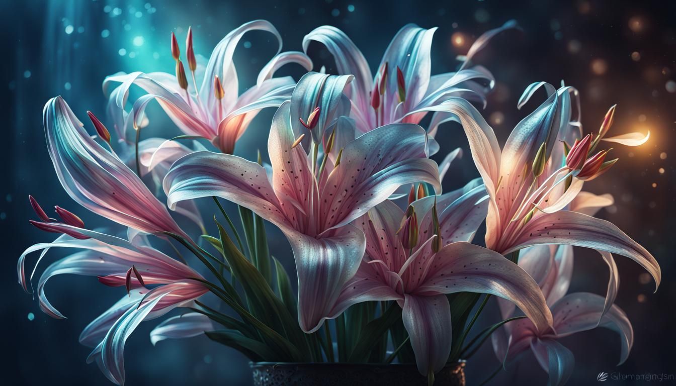 Surreal Bouquet of Glowing Roselilies in a Dreamy, Vintage S...