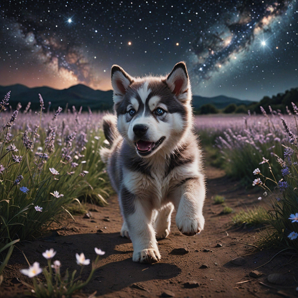 Cinematic Husky Puppy Runs Under Starry Night Sky
