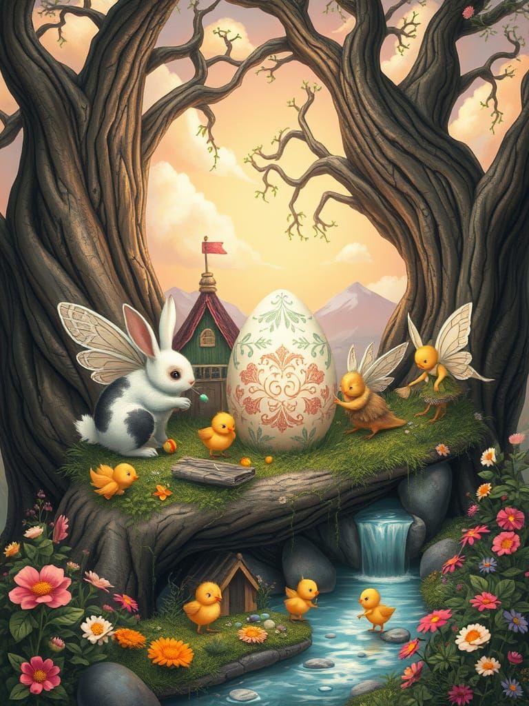 Enchanted Fairy Village in Tree with Easter Egg