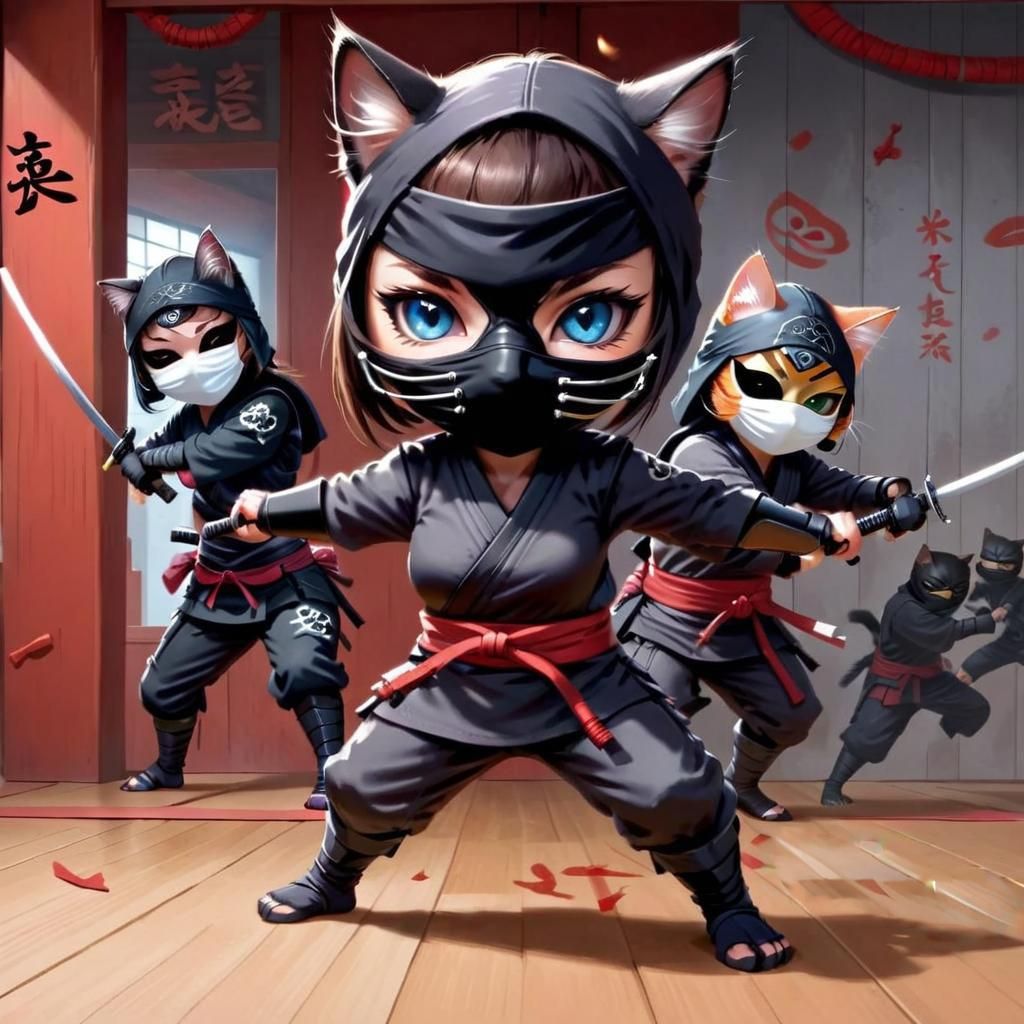 Ninja Kittens Battle in Dojo, Hyperreal Style