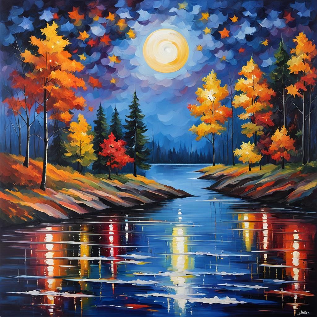 Autumn Night With Full Moon, Impressionistic Style