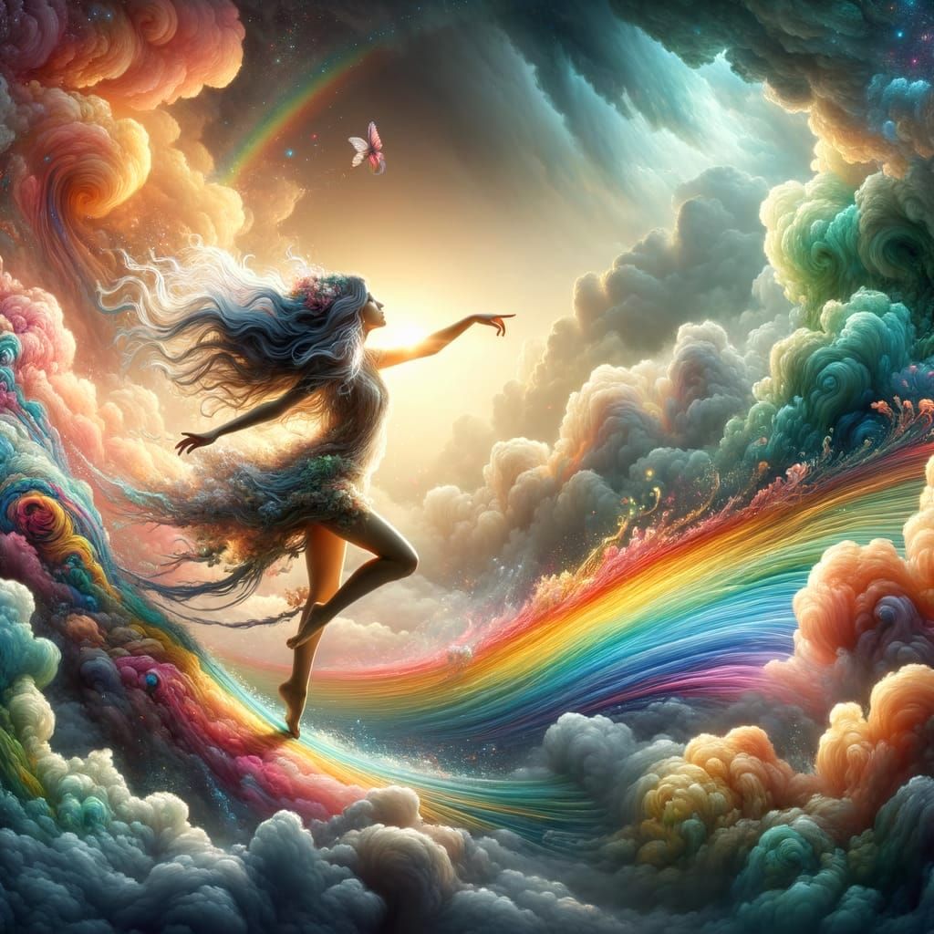 Girl Dancing on Rainbows: Hyperrealistic Digital Art