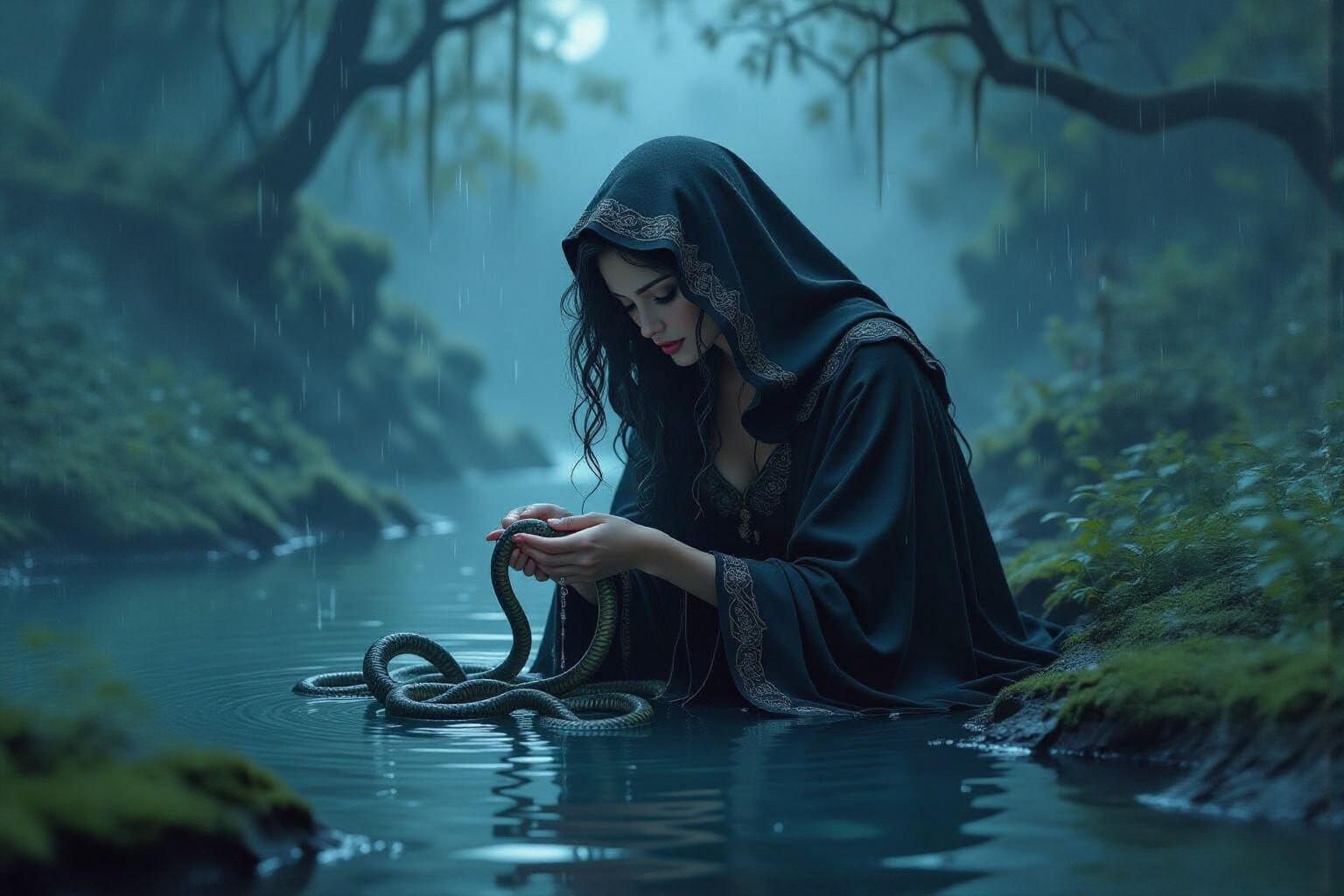 Medusa Washing Her Snake Hair by Moonlight
