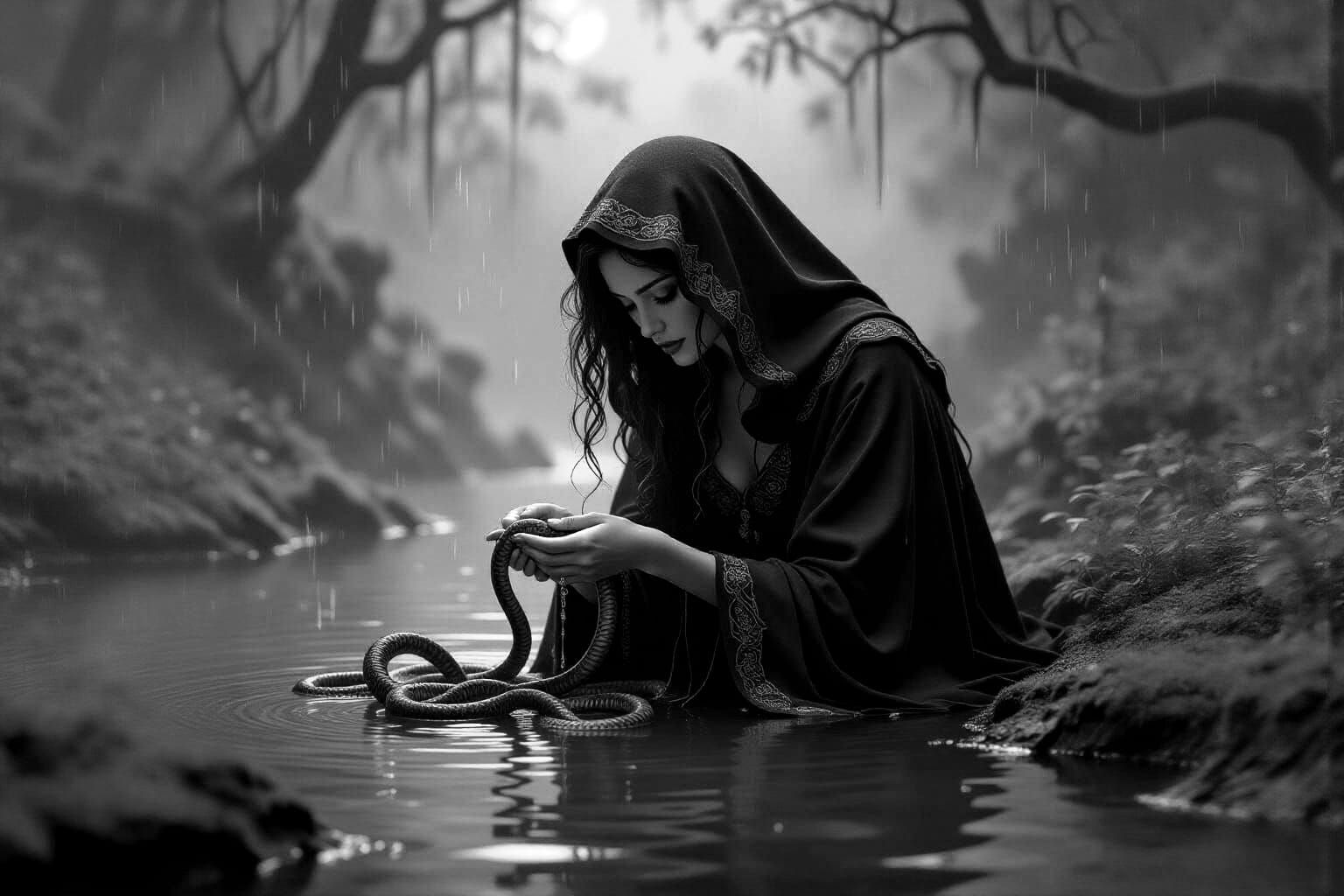 Medusa Washes Snake Hair by Moonlit Pond
