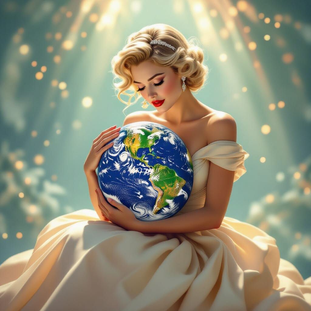 Marilyn Monroe Cradles Earth: Ethereal Digital Portrait