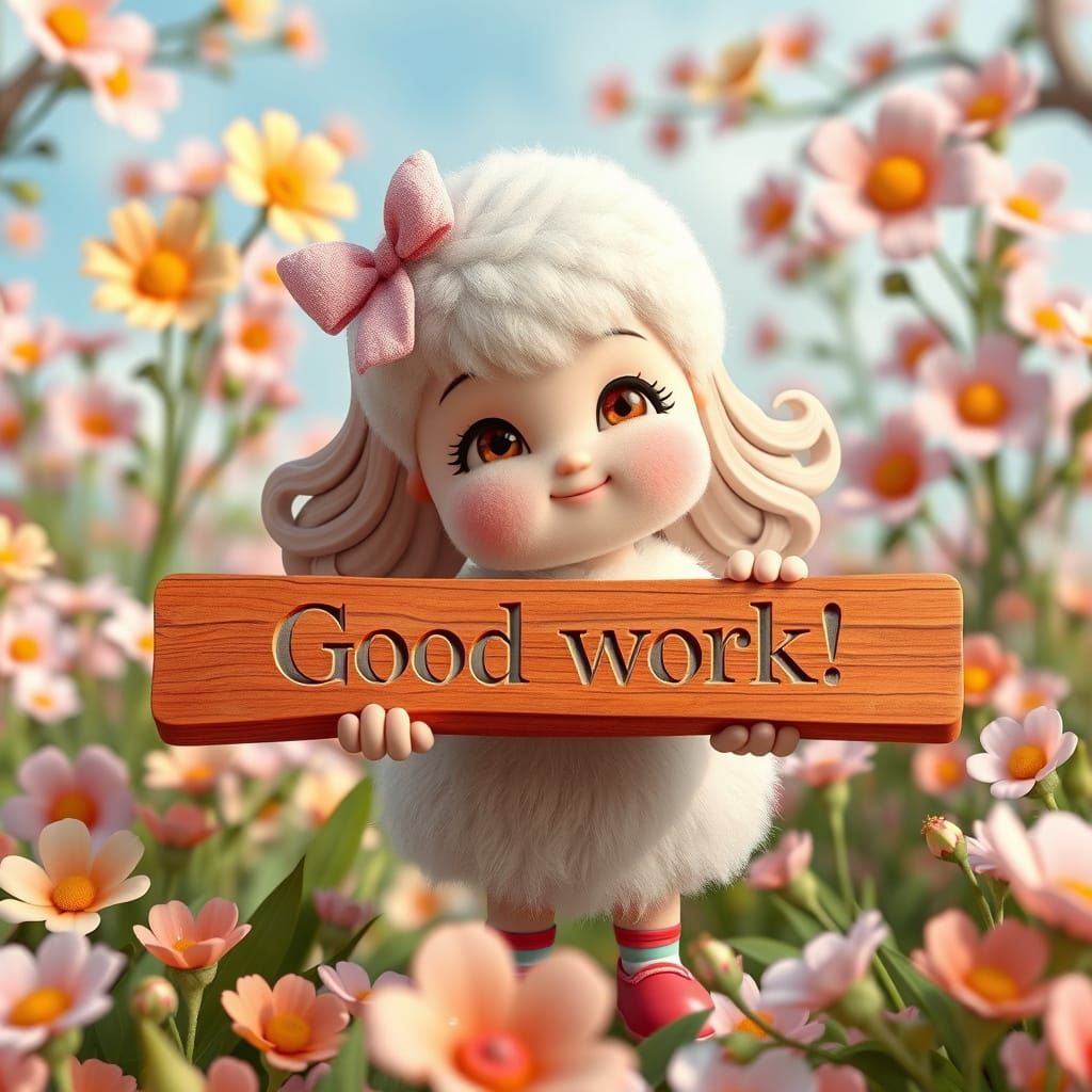 Whimsical Girly Character Holding 'Good Work!' Table in Past...