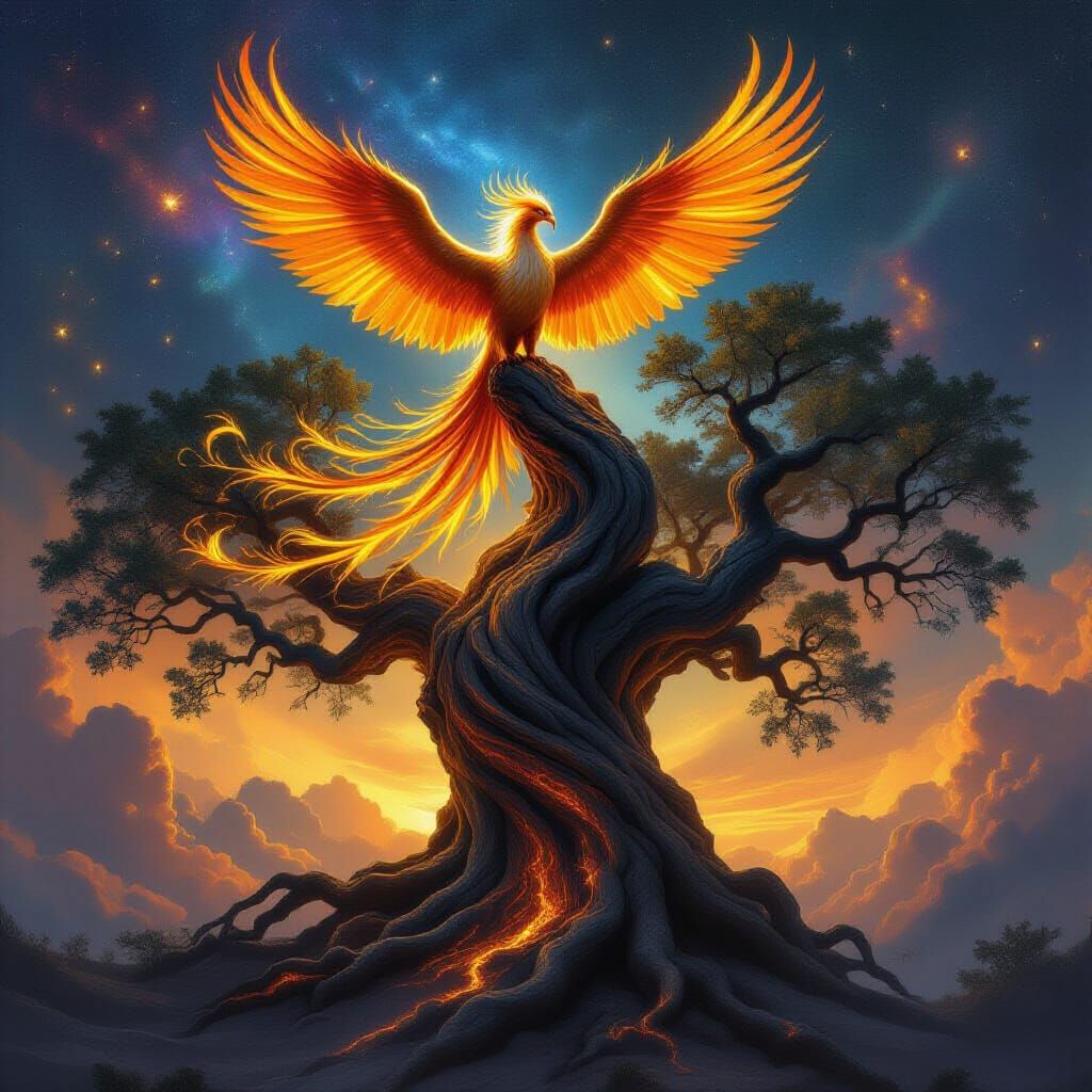 Majestic Phoenix on Galaxy Tree in Cosmic Sky