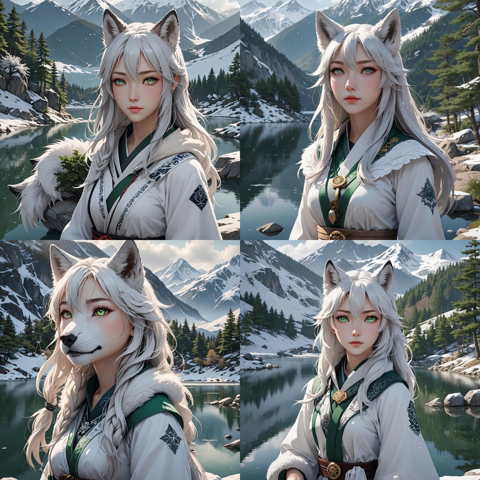 Anime Wolf Girl with Snowy Mountain Lake