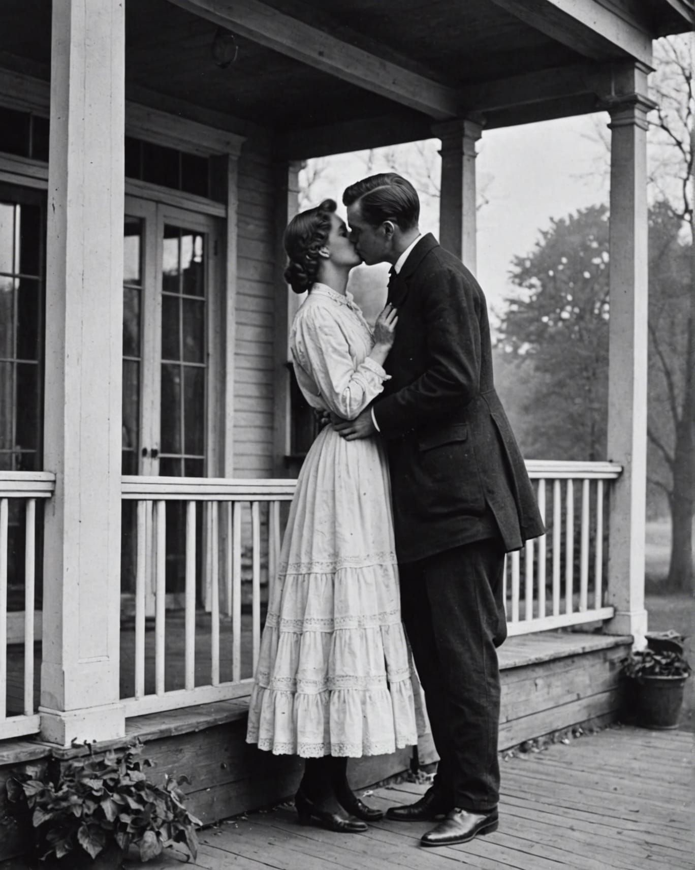 Romantic Kiss on a Country Porch, 1910s Style