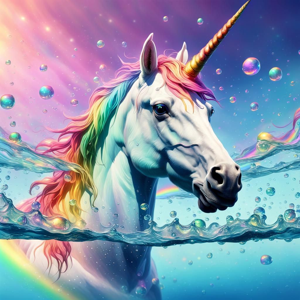 Unicorn Swimming in Rainbows: Vibrant Digital Art