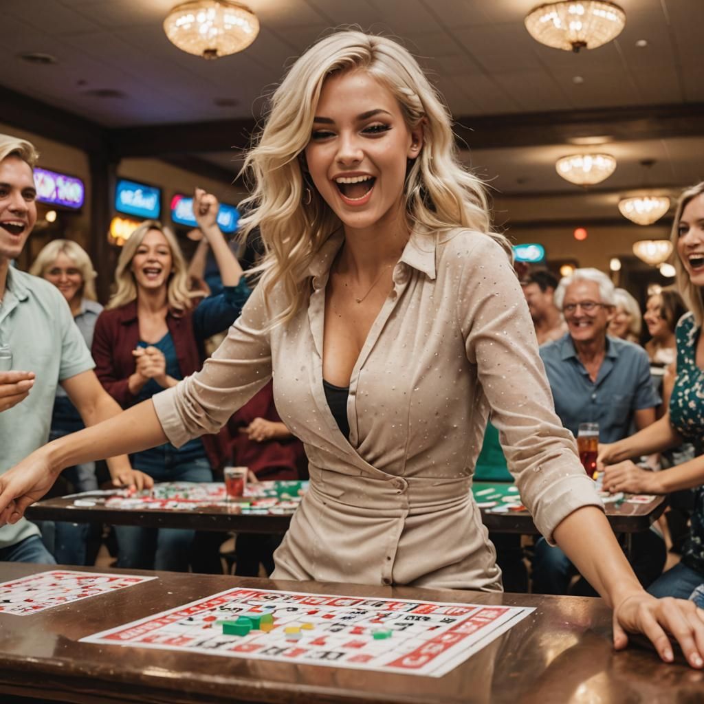 beautiful blond model on table dancing after winning bingo