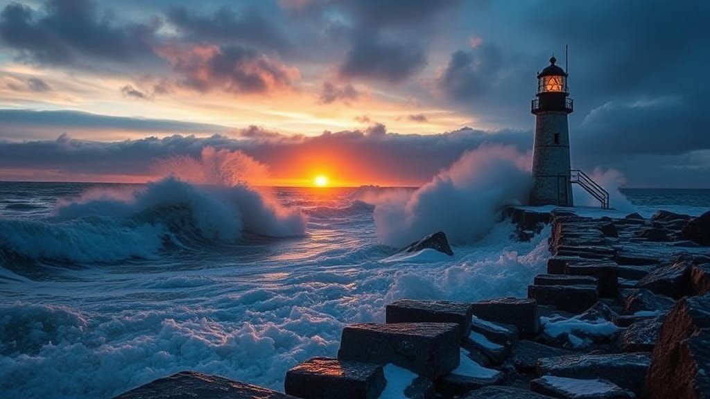 Lighthouse in Frozen Sea at Sunset