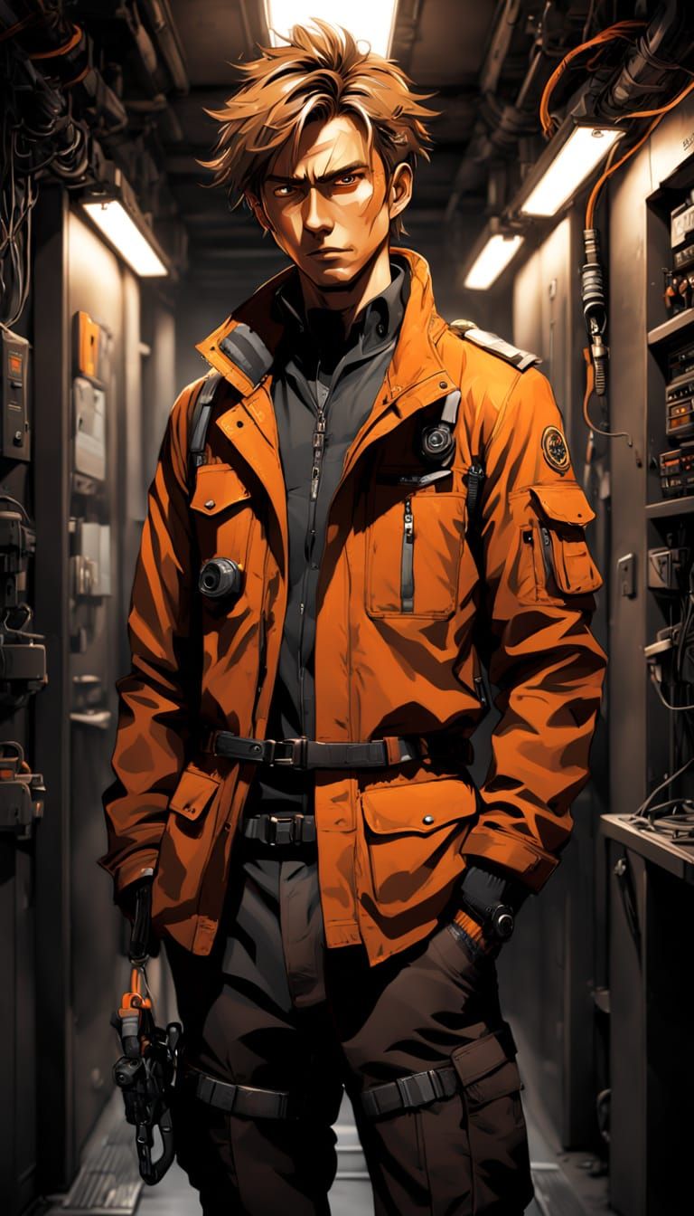 Surreal Engineer in Dim Workshop Corridor