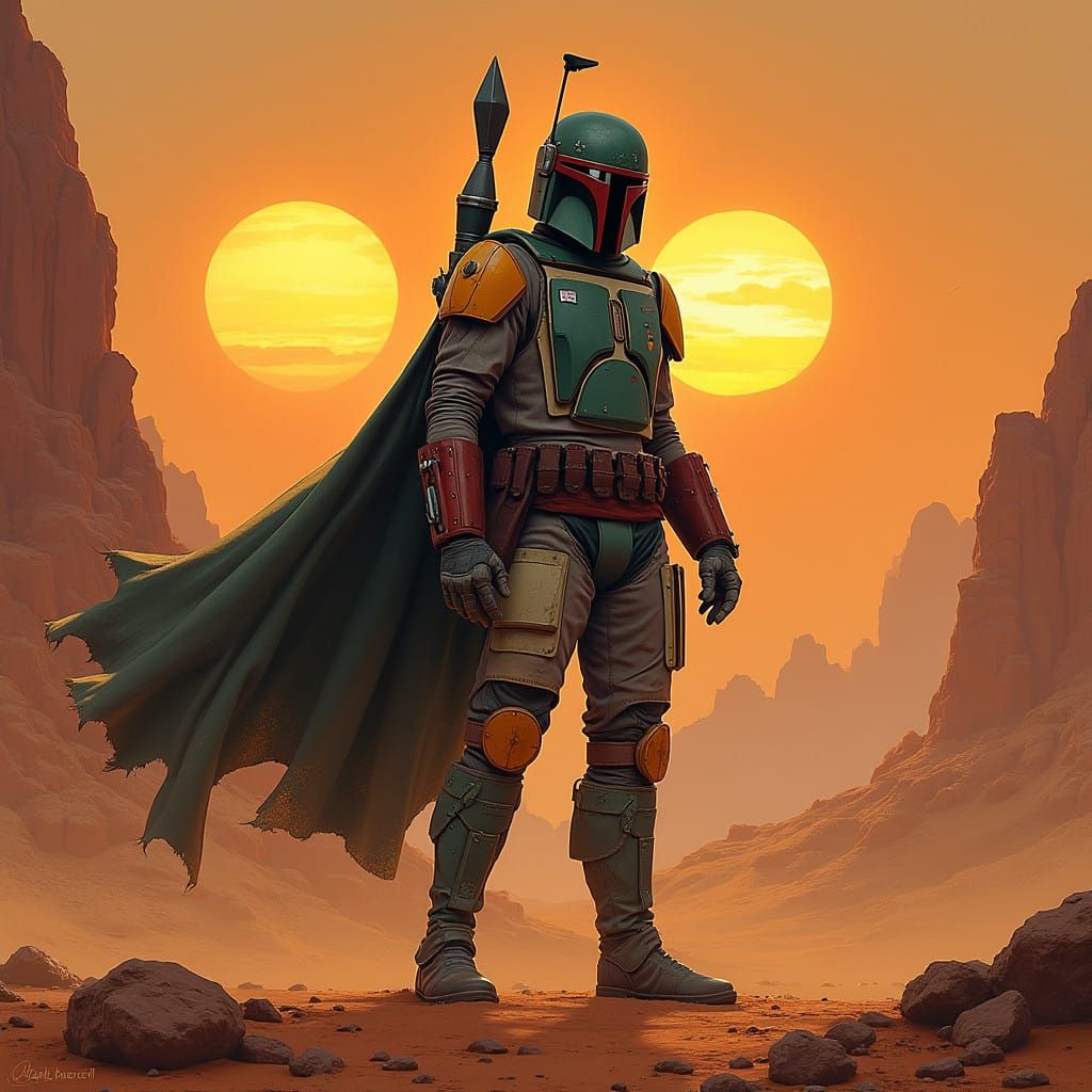 Mandalorian Bounty Hunter Stands Tall on Tatooine