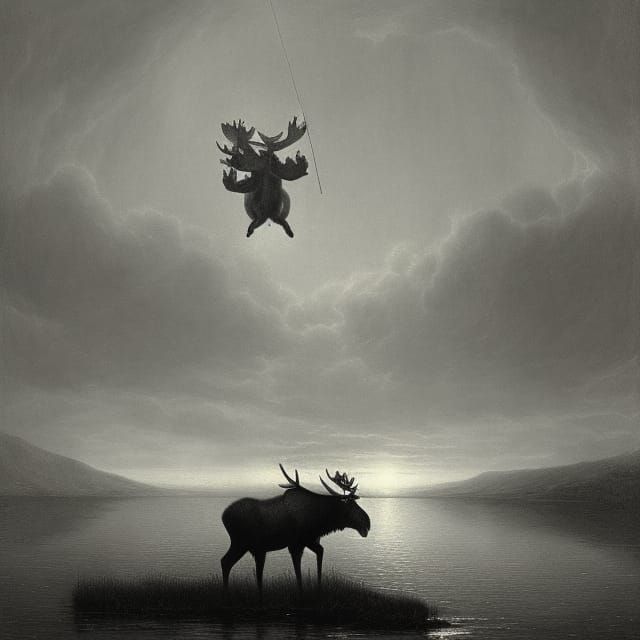 Moose Celebrates in Lake, Gothic Horror Style