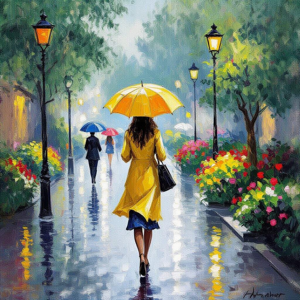Woman in Yellow Raincoat, Impressionist Summer Rain
