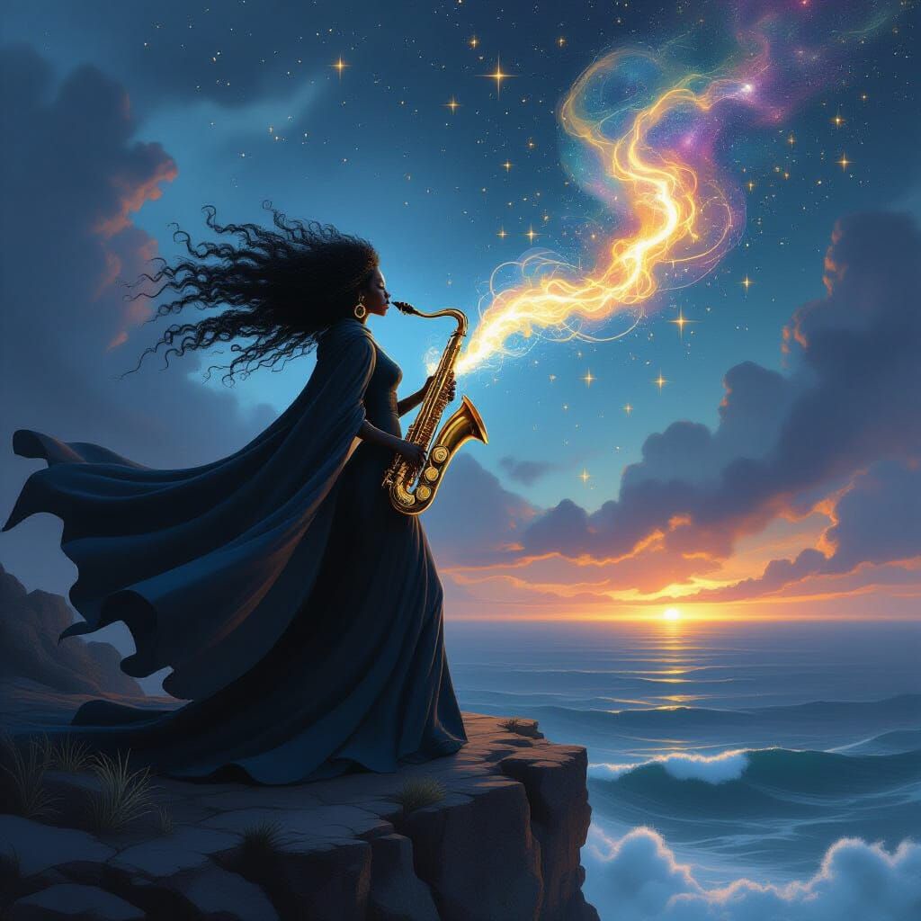 Sorceress Plays Glowing Saxophone Under Cosmic Sky