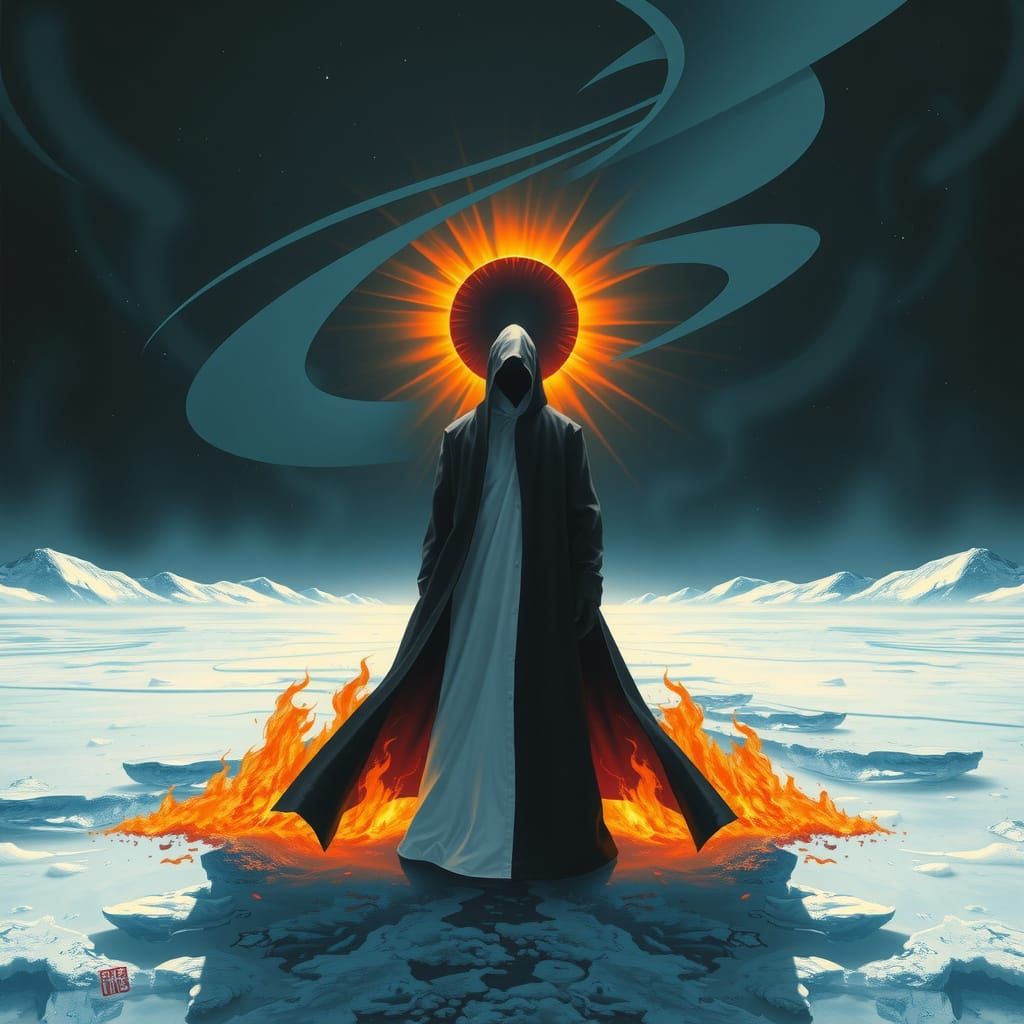 Retro-Futuristic Figure on Burning Ice Field