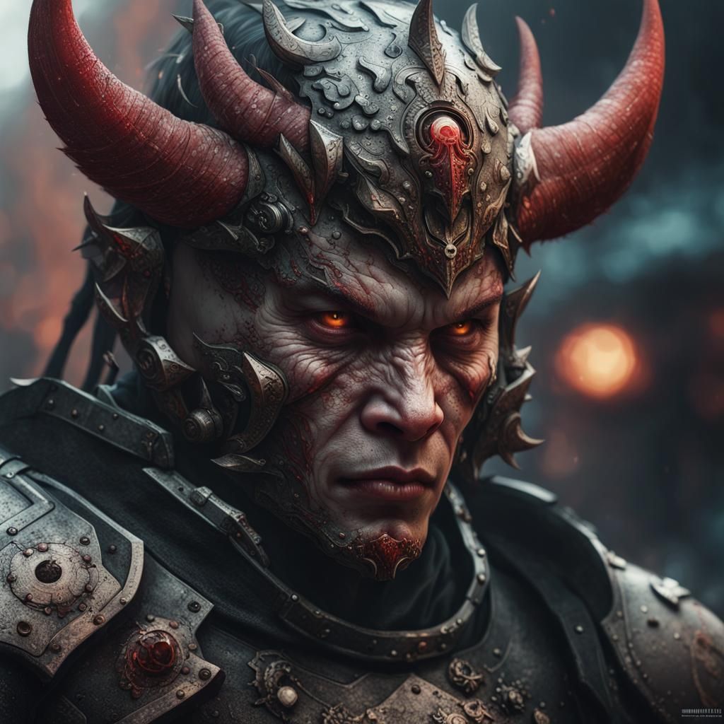 Fierce Armored Demon Portrait in Hyperrealistic Style