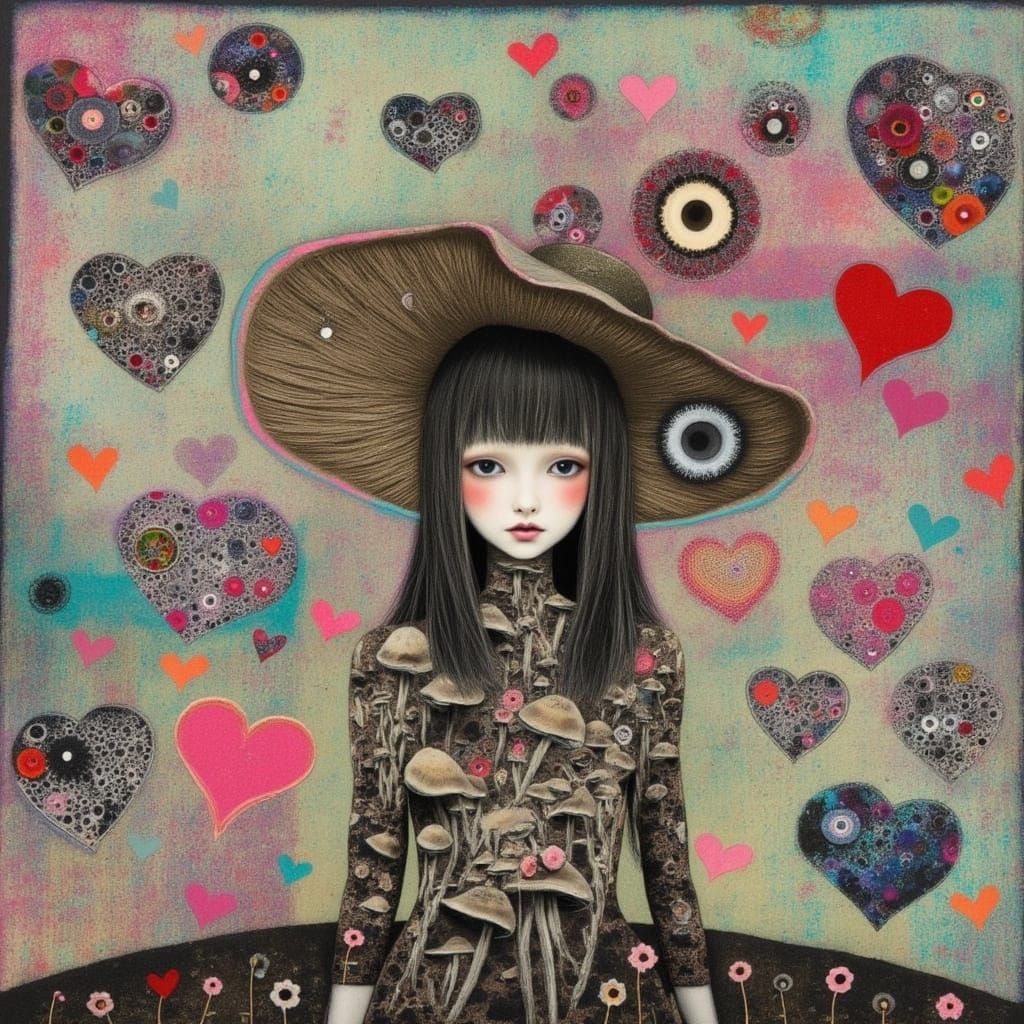 Woman Merging With Earth Amidst Oyster Mushrooms