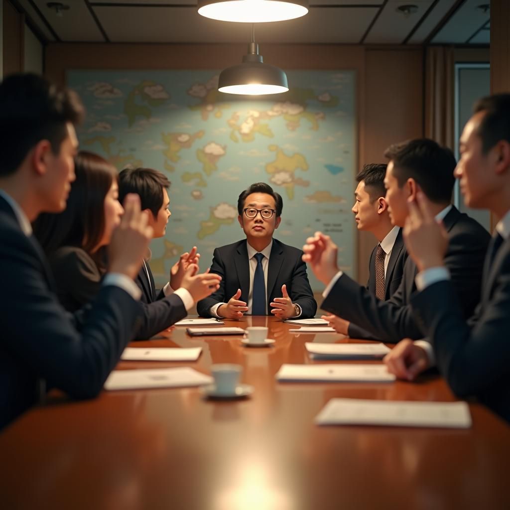 Chinese Employees Meeting in Modern Office, Realistic Style