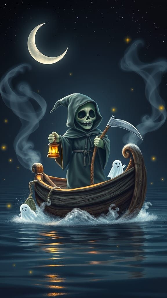 Whimsical Baby Grim Reaper on Enchanted Boat