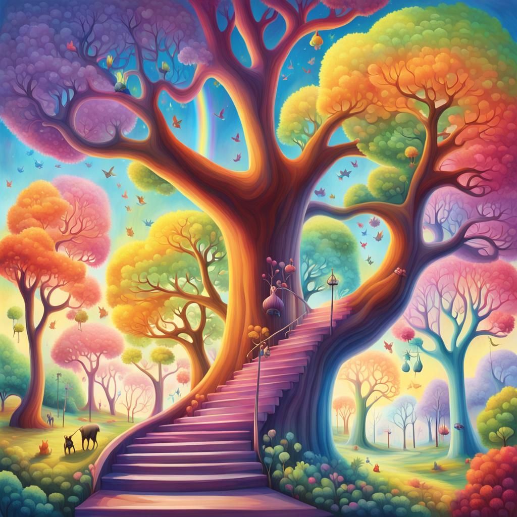 Rainbow Trees in Whimsical Park: Airbrush Art