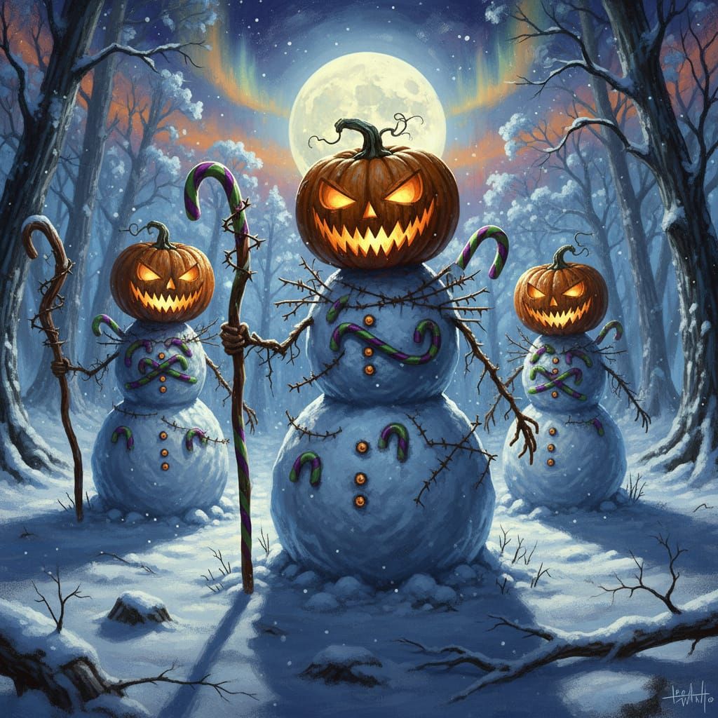 Creepy Jack-o'-Lantern Snowmen in Moonlit Forest