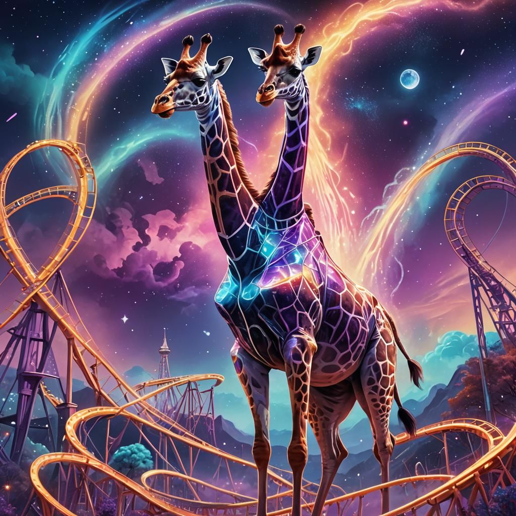 Giraffe and Roller Coaster in Visionary Art Style