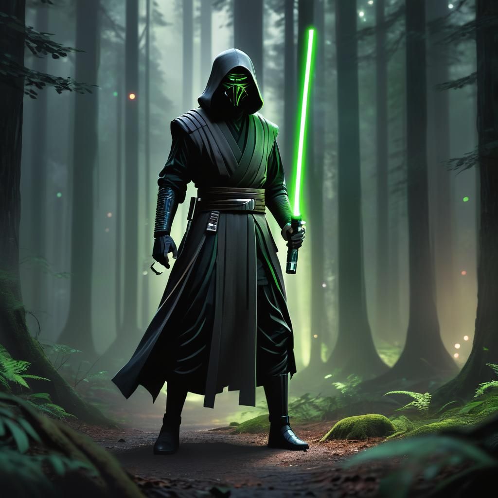 Jedi Ninja in Neon-Lit Forest Concept Art