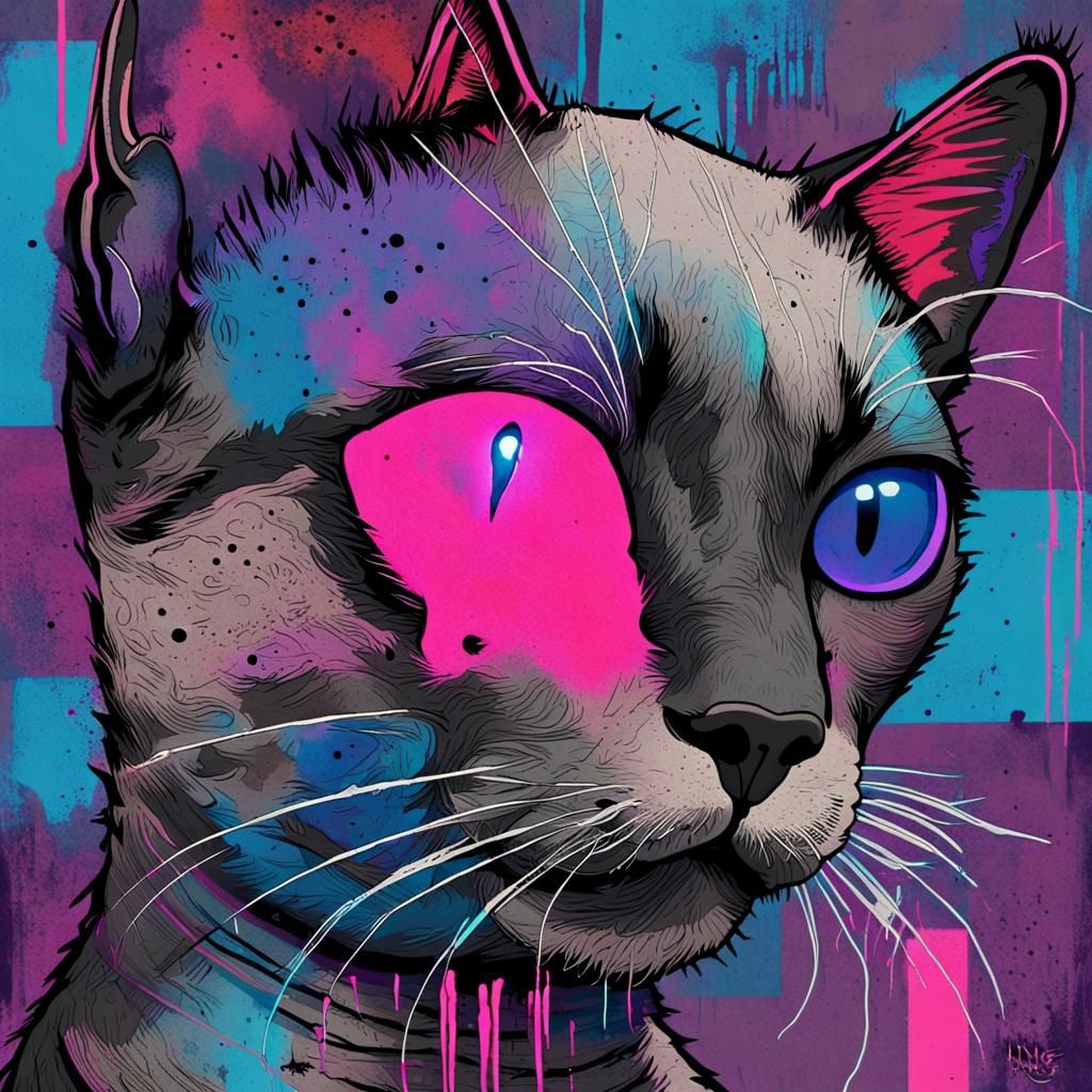 Create an album cover of a Siamese kitty cat in a sketchy, raw, and visceral style with influences from Nine Inch Nails ...