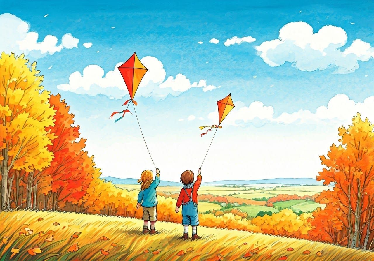 Children Flying Kites in Autumn Watercolor Landscape