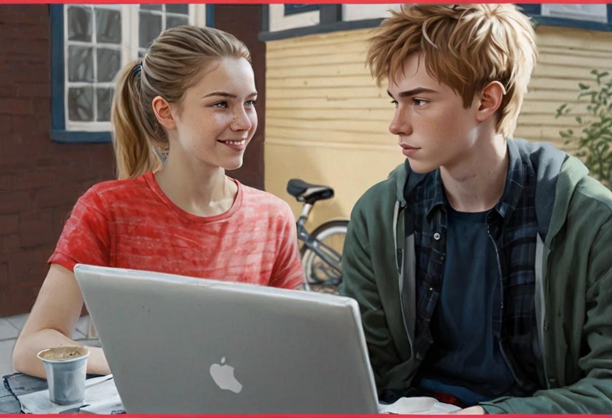 Cartoon Portrait: Teenage Friends Outdoors with Computer