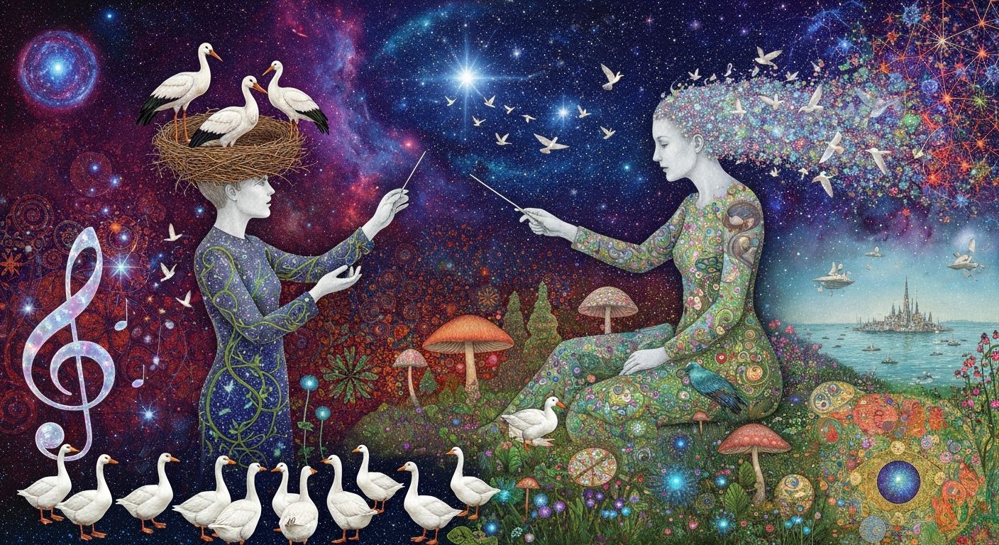 Ethereal Conductor Transforms into Birds Amidst Cosmic Energ...
