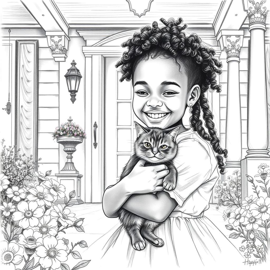 Joyful Girl and Her Furry Friend in Victorian Porch Pencil S...