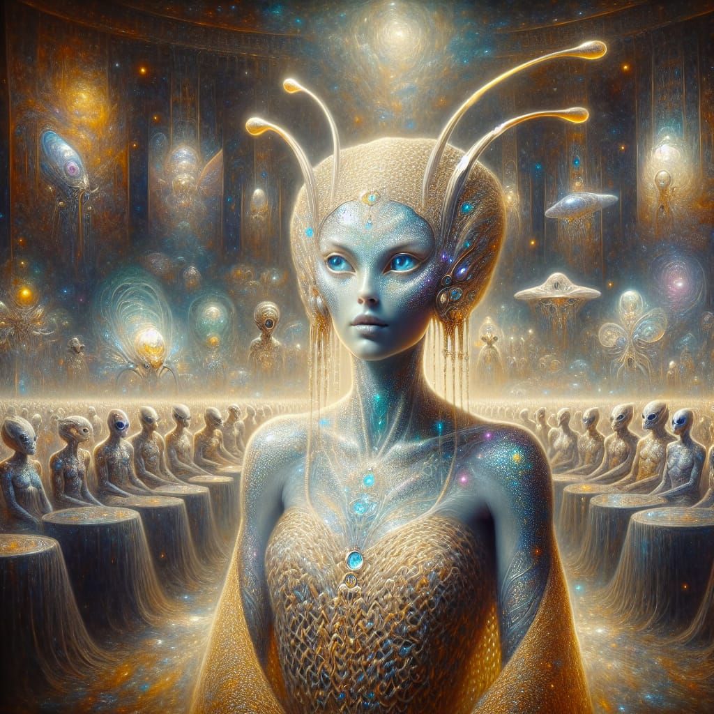 glowing-eyed, antennaed alien diplomat stands before an intergalactic council brokering peaceful relations with a newly ...