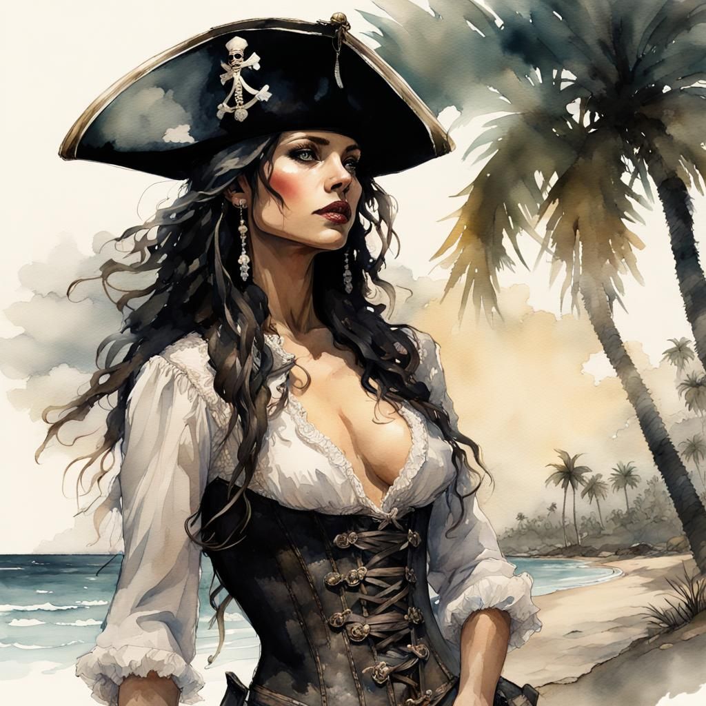 Goddess Pirate Relaxing on Island Beach, Watercolor and Ink