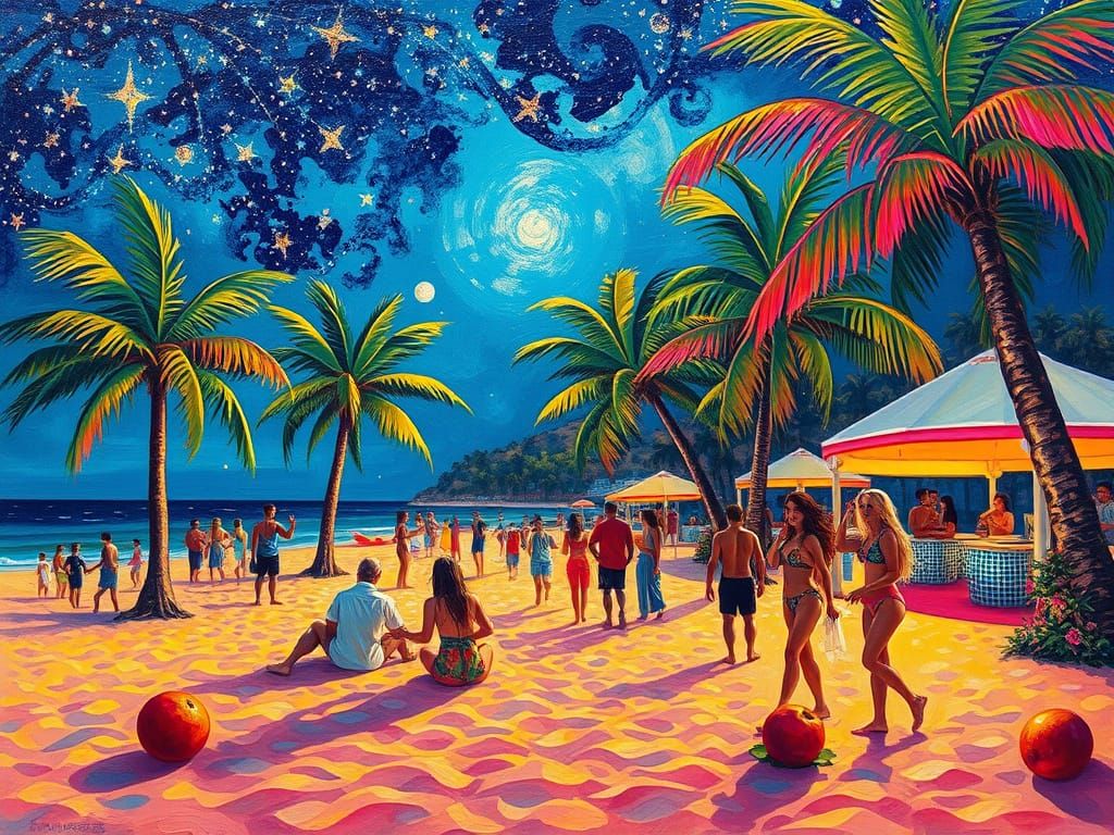Starry Night Beach Party as Impasto Oil Painting