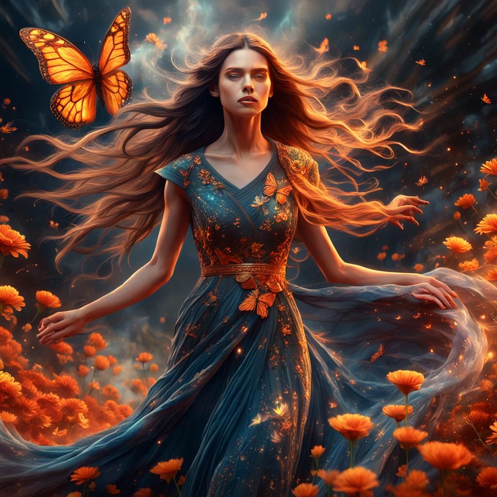 Strong Woman with Flowing Dress and Fiery Background